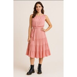 Ella Moss‎ Pink Strapless Tiered Midi Dress Belt Ruffle Summer Sundress Sz Large